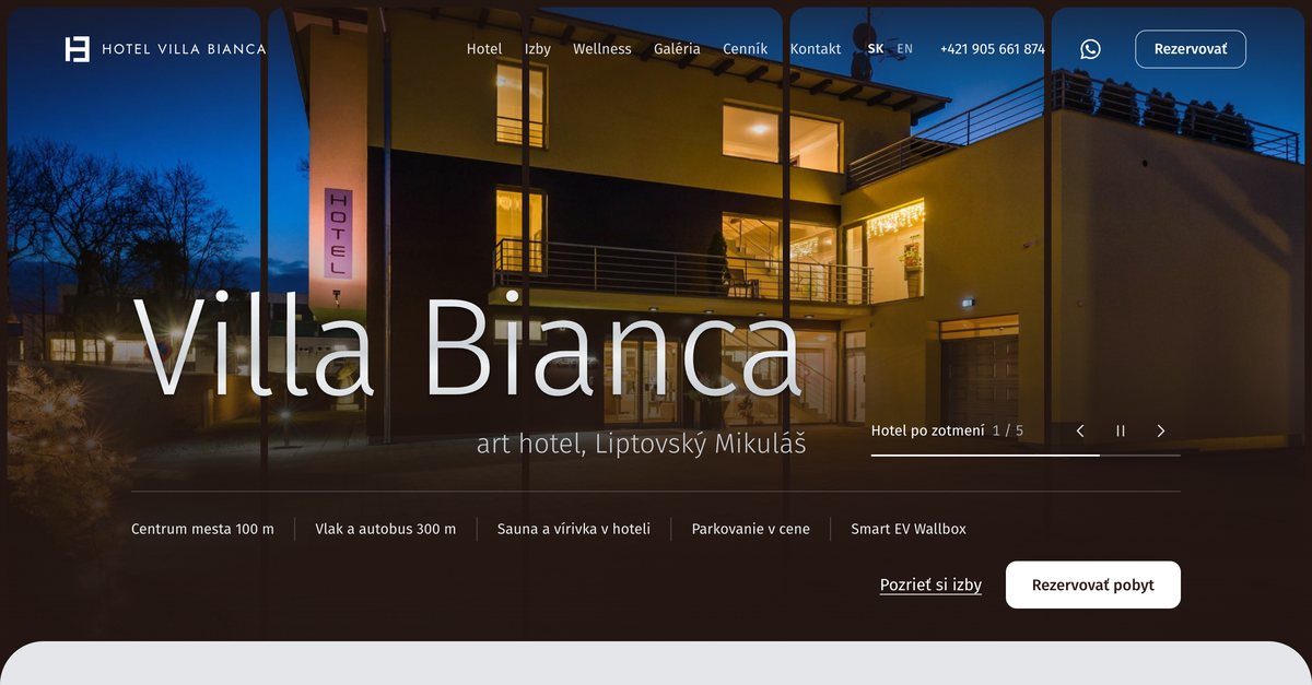Web Hotel Villa Bianca, art hotel v centre Liptovského Mikuláša